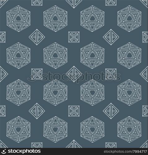 vector white outline abstract geometric hand drawn platonic solids polyhedrons seamless pattern on dark background&#xA;