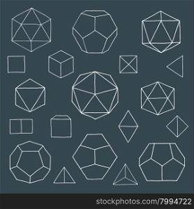 vector white outline hand drawn monochrome Platonic solids tetrahedron, cube, hexahedron, octahedron, dodecahedron, icosahedron isolated illustrations set on dark background&#xA;