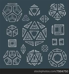 vector white outline hand drawn monochrome Platonic solids tetrahedron, cube, hexahedron, octahedron, dodecahedron, icosahedron isolated illustrations set on dark background&#xA;
