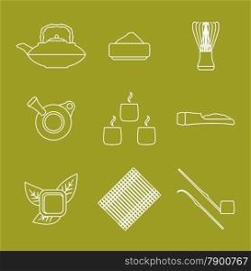 vector white outline japan tea ceremony equipment icons collection tools set green background&#xA;