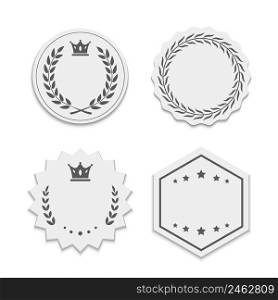 Vector white paper labels with wreaths and crowns. Beautiful stickers with stroke, different shapes