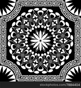 vector white pattern of spirals, swirls and chains on a black background