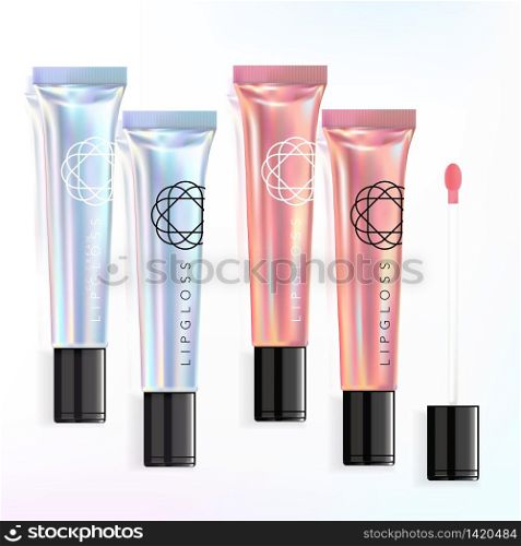 Vector white / pink holographic ultra slim cosmetics lipgloss tube packaging with applicator