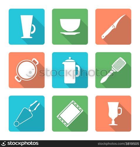 vector white silhouette falt design dinnerware tableware utensil icons mug, soup plate, citrus knife, pan, teapot, grater, tongs, oven-tray, dripping pan, mug, cup &#xA;