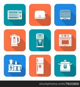 vector white silhouette flat design various kitchen electric devices gadgets icons set long shadow&#xA;