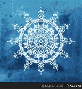 Vector white snowflake on watercolor blue background and blobs, transparency effects