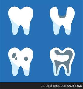 Vector white teeth icons set. Vector black teeth icons set on blue background. Tooth icon, dental signs.