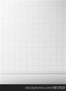 Vector white tile wall and floor in bathroom, kitchen or toilet. Realistic 3d interior of empty clean room with square mosaic surface. Illustration of ceramic tiled washroom. Vector white tile wall and floor in bathroom