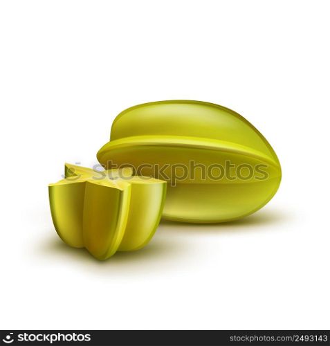 Vector whole and half cut green, yellow ripe carambola isolated on white background. Whole and half cut carambola