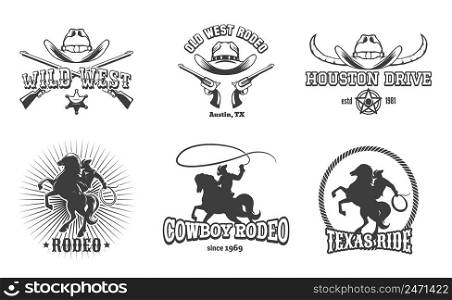 Vector Wild West and Rodeo labels. Cowboy texas, stamp and hat, american retro design. Vector illustration. Vector Wild West and Rodeo labels
