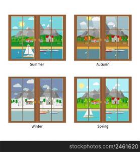 Vector window in different season. Summer and autumn, spring and winter, window frame, landscape mountains. Vector window in different season