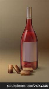 Vector wine bottle with empty label and cork isolated on gradient background. Vector wine bottle