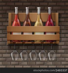 Vector wine bottles and wine glasses on wooden shelf in bar on bricks background. Set of wine