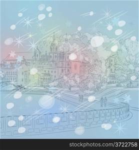 Vector winter Christmas sketch of a old town, cityscape with church and river, Trinity Suburb, Minsk, Belarus
