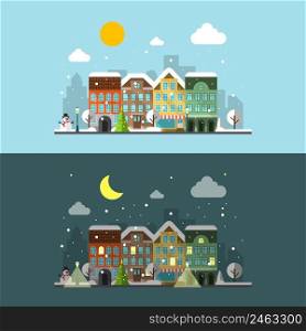 Vector winter city landscape in day and night. street. Happy winter, cloud and snowman. Vector winter city landscape in day and night