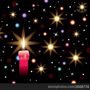 vector winter holiday illustration of burning candle with lights and stars
