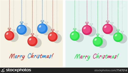 vector winter holiday illustration of christmas balls. stylized hanging ball and merry christmas text design for new year and christmas cards