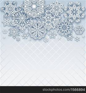 Vector winter holidays background with paper cut snowflakes. Merry Christmas and Happy New Year postcard. Holidays background with papercut snowflakes.