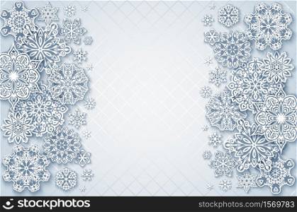 Vector winter holidays background with paper cut snowflakes. Merry Christmas and Happy New Year postcard. Holidays background with papercut snowflakes.