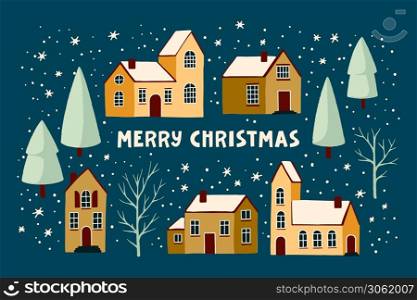 Vector winter holidays landscape. Illustration of nature, city, houses, trees in the New Year and Christmas holidays. Best for poster, background, web or card.
