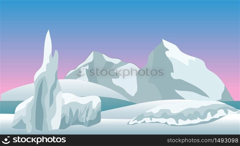 Vector winter landscape for cartoon or game scene background. Horizontally seamless, vector illustration. Ice rocks, northern sky and snow.