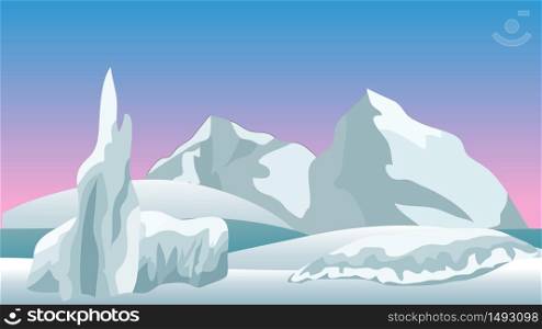 Vector winter landscape for cartoon or game scene background. Horizontally seamless, vector illustration. Ice rocks, northern sky and snow.