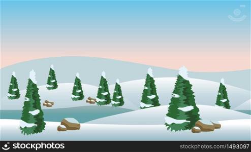 Vector winter landscape for cartoon or game scene background. Snow, conifer trees and cold river. Vector illustration, horizontally seamless.