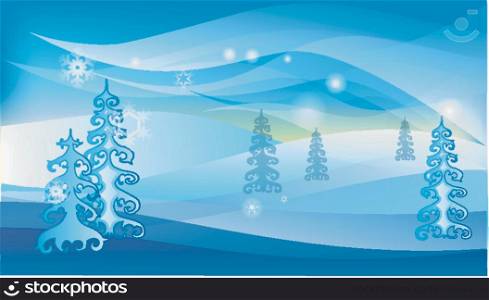Vector winter landscape with white snowflakes and trees.