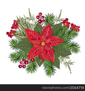 Vector winter Poinsettia Christmas Star flower with red berries. Web and mobile application design style illustration isolated on white background.. Vector winter Poinsettia Christmas Star flower with red berries. Web and mobile application design style illustration isolated on white background