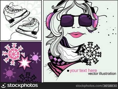 vector winter set of a fashion girl,skates and colorful snowflakes