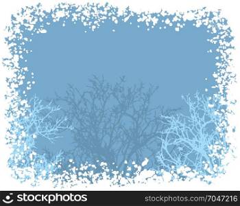 vector winter snow border background with trees and copy space. christmas holiday frame with snowflakes