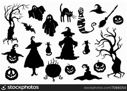 Vector witch, magic hat, carving face pumpkin lantern, ghost, mummy, tree, cat, broom, cauldron and bat isolated on the white background. Laser cutting template
