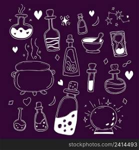 Vector witchcraft set. witchs items are bottles with potions and love spells, magic ball, witchs cauldron, an hourglass and mortar, constellations and moon. illustrations in hand doodle style, outline