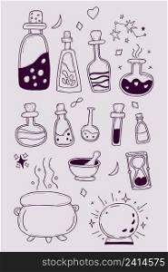 Vector witchcraft set. witchs workshop - bottles with potions and love spells, magic ball and witchs cauldron, an hourglass and mortar. Linear illustrations in hand doodle style, outline. Isolated
