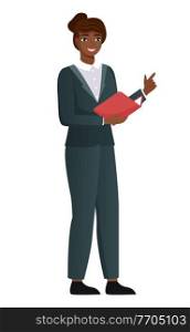 Vector woman dressed formally in flat style icon. Dark skinned female character isolated on white. Girl holds opened book in her hand reads and points a finger. Student or office worker or employee. Vector woman dressed formally in flat style icon. Dark skinned female character isolated on white