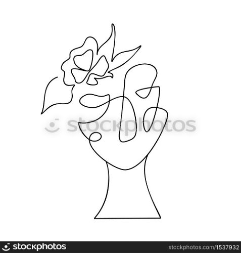 Vector woman face one line drawing. Monoline portrait minimalistic style. Simple design illustration logo or icon for greeting card, business card, beauty center, spa, girls shop.. Vector woman face one line drawing. Monoline portrait minimalistic style. Simple design illustration logo or icon for greeting card, business card, beauty center, spa, girls shop