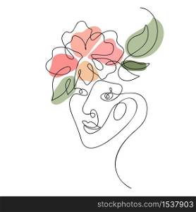 Vector woman face with flower one line drawing. Monoline portrait minimalistic style. Simple design illustration logo or icon for greeting card, beauty center, spa, girls shop.. Vector woman face with flower one line drawing. Monoline portrait minimalistic style. Simple design illustration logo or icon for greeting card, beauty center, spa, girls shop