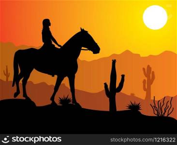 vector woman on the horse in desert at sunrise or sunset