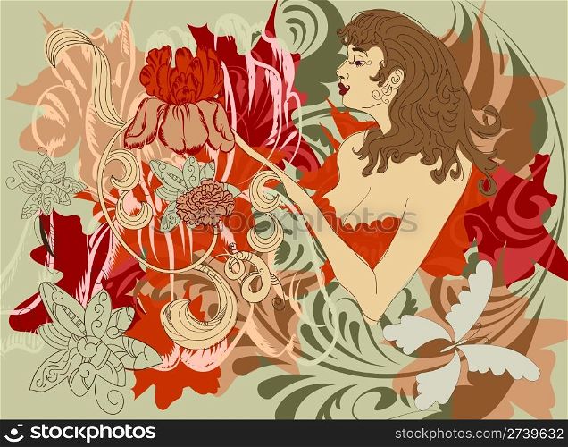 vector woman with flowers instead of hands, eps 10, clipping mask