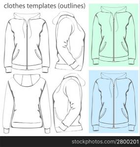 Vector. Women&acute;s hooded sweatshirt with zipper and pockets (back, front and side view). Outlines