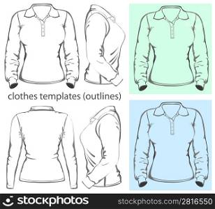 Vector. Women&acute;s polo-shirt design template (front, back and side view). Long sleeve. outline