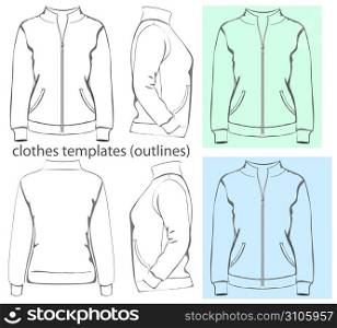 Vector. Women&acute;s sweatshirt with zipper and pockets (back, front and side view). Outlines