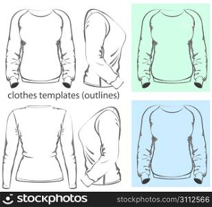 Vector. Women&acute;s t-shirt design template (front, back and side view). Long raglan sleeve. outline