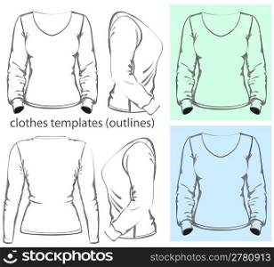 Vector. Women&acute;s t-shirt design template (front, back and side view). Long sleeve. outline