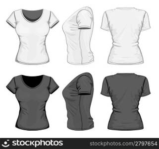 Vector. Women&acute;s t-shirt design template (front, back and side view). No mesh.