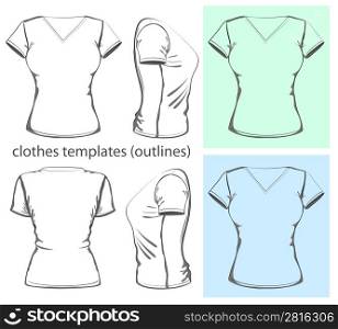 Vector. Women&acute;s v-neck t-shirt design template (front, back and side view).outline