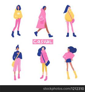 Vector women set in flat style. Girls illustration isolated on white background. Beautiful people outfits. Fashion teens. Female cartoon characters.. Vector women set in flat style. Girls illustration isolated on white background.