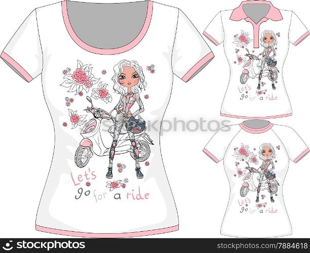 Vector women set T-shirt Design Template with fashion girl and scooter