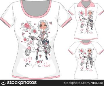 Vector women set T-shirt Design Template with fashion girl and scooter
