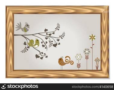 vector wood frame with floral and birds